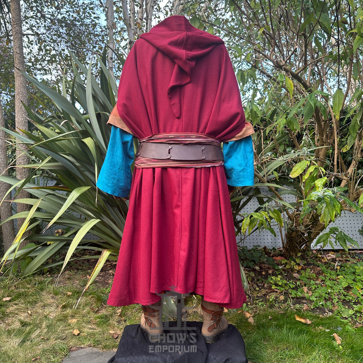Red wool LARP cloak with hood up, back view showcasing belt and blue sleeves.