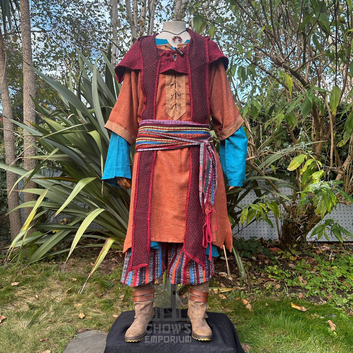 Orange and brown woven medieval tunic for LARP with accent details.