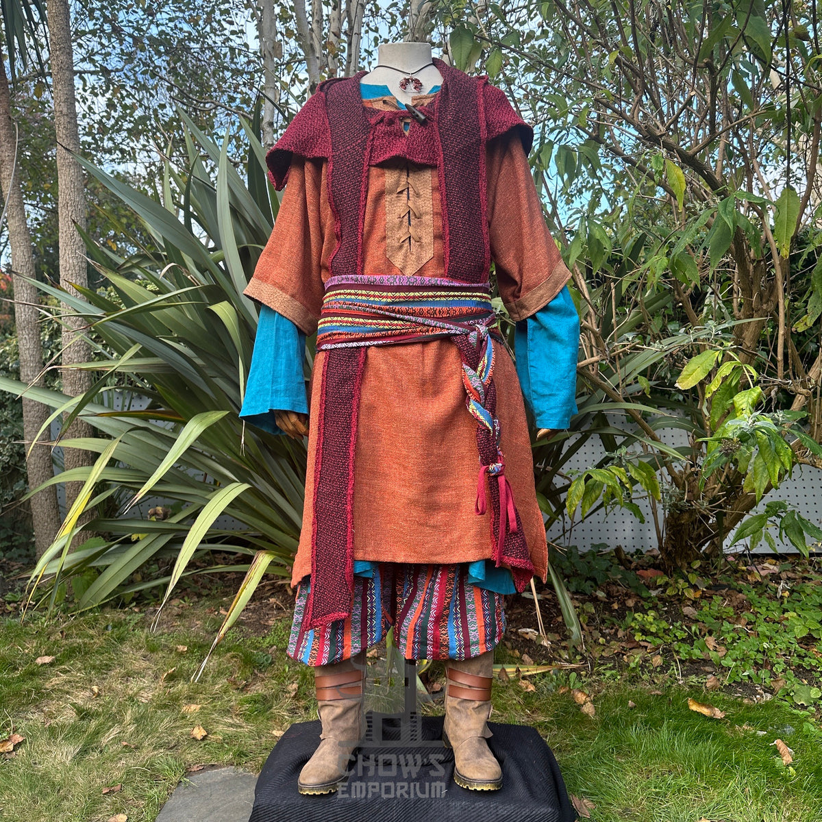 Medieval Pedlar Set - 5 piece costume including Orange Tunic and Multi Striped Trousers.