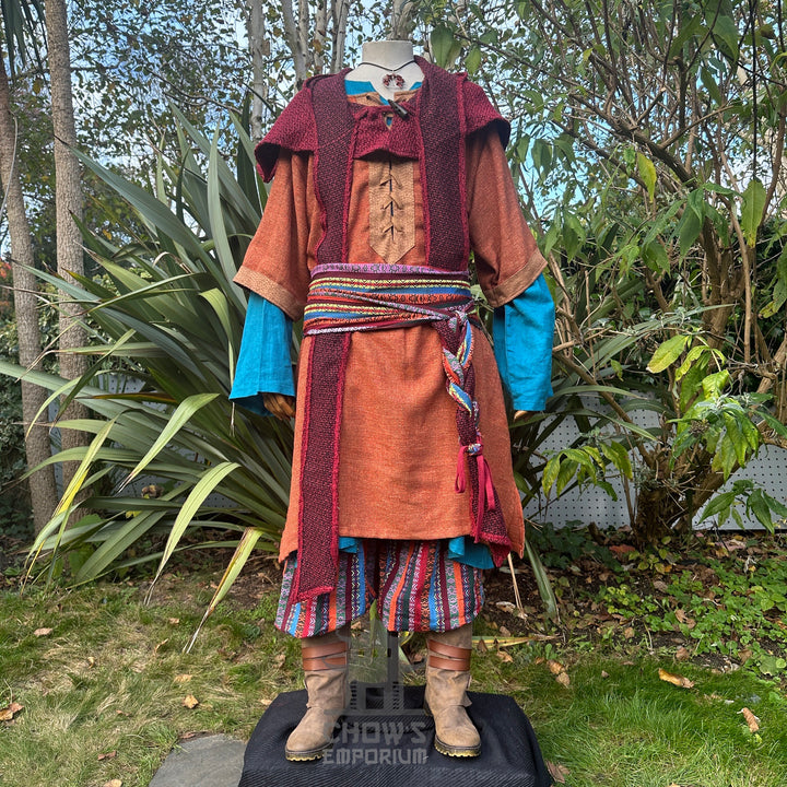 Medieval Pedlar Set - 5 piece costume including Orange Tunic and Multi Striped Trousers