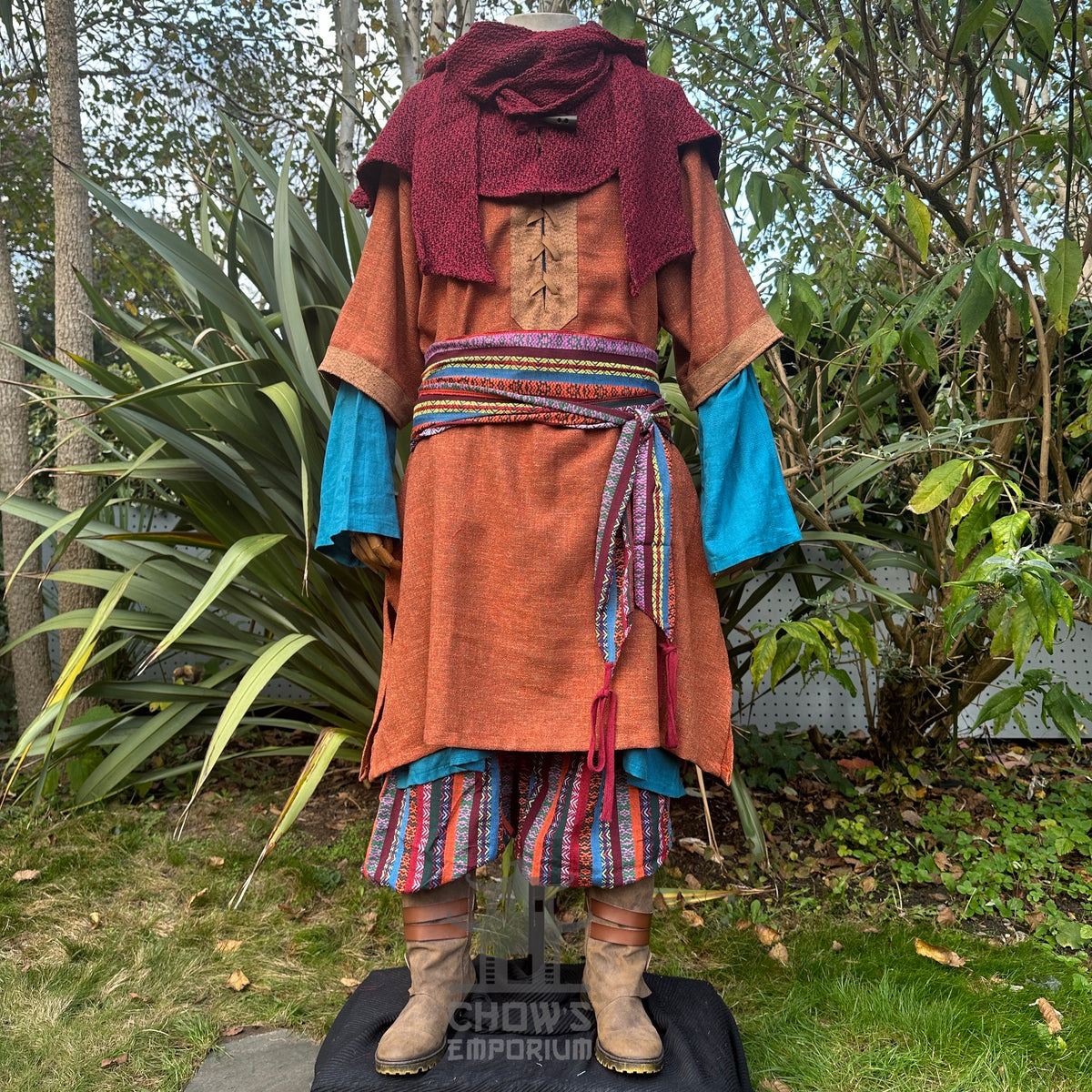 Medieval LARP pedlar set, rust tunic, blue under tunic, striped trousers.