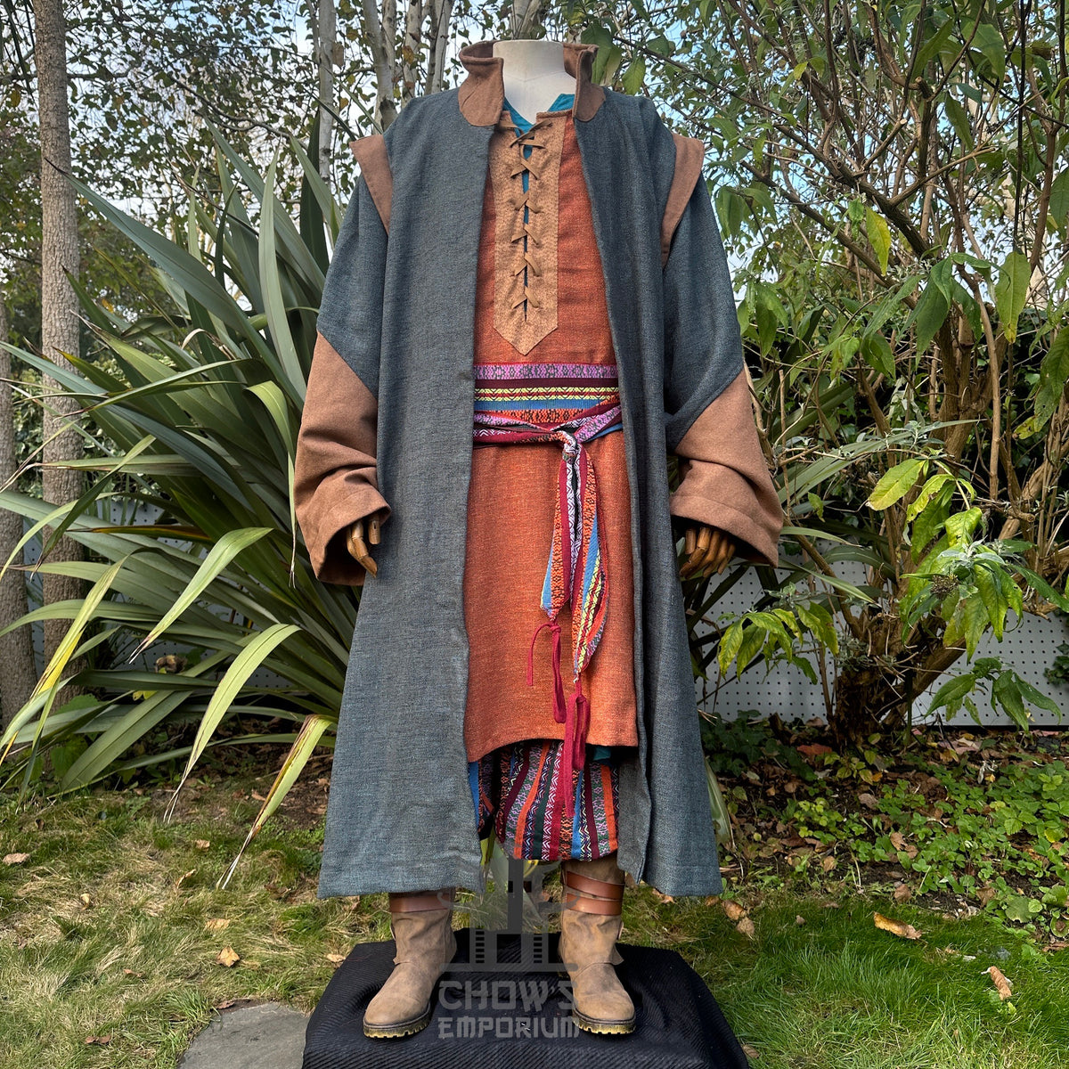 Front view of teal medieval LARP robe with high collar, fantasy cosplay costume for druids.