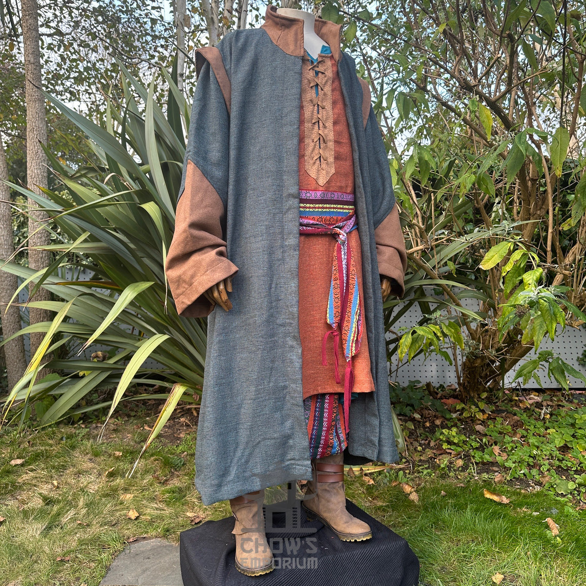 Angled front view of teal and brown high-collar LARP robe, medieval fantasy cosplay costume with.