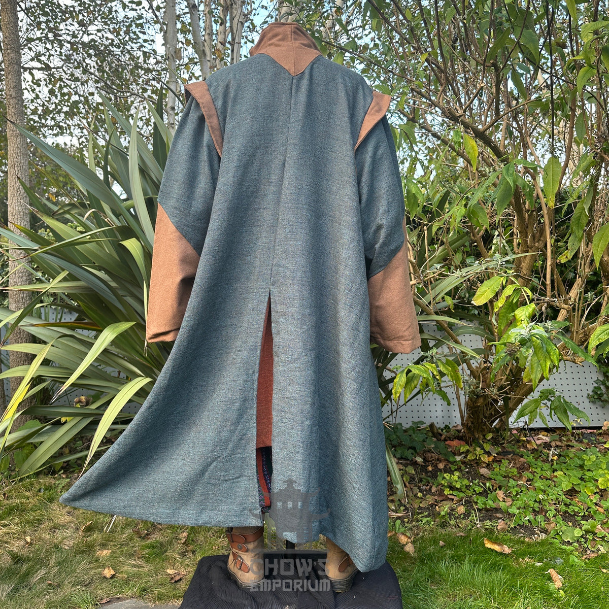 Flared back view of teal and brown high-collar LARP robe, medieval fantasy cosplay costume with.