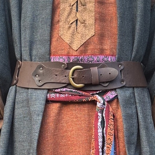 Druid LARP set with blue robe, brown belt, and patterned sash, front view.