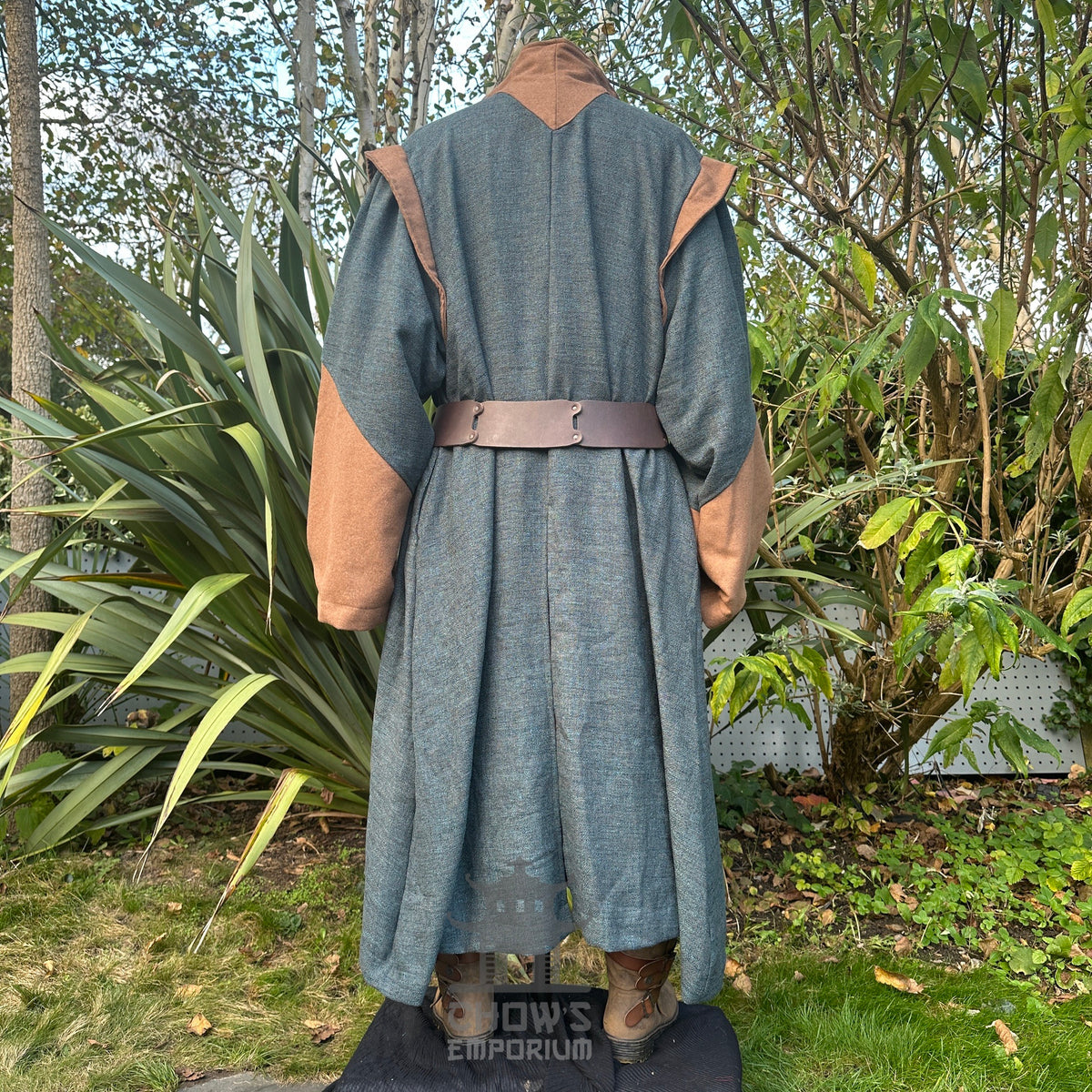Back angle of teal medieval LARP robe with brown sleeves.