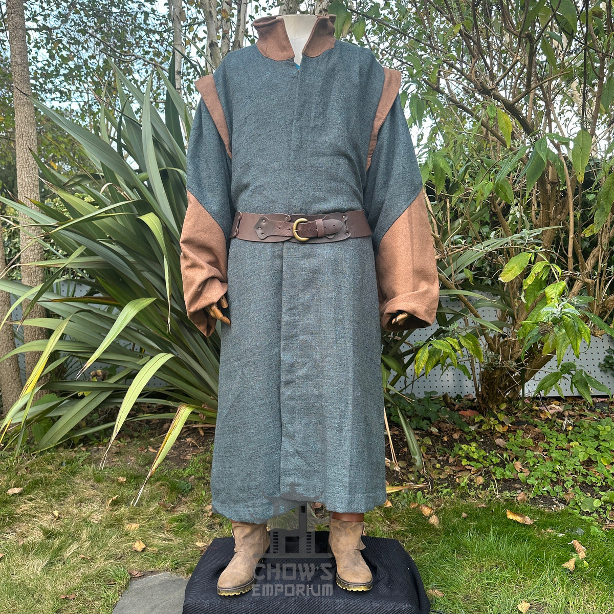 Full-length teal high-collar medieval LARP robe, authentic fantasy cosplay costume for.
