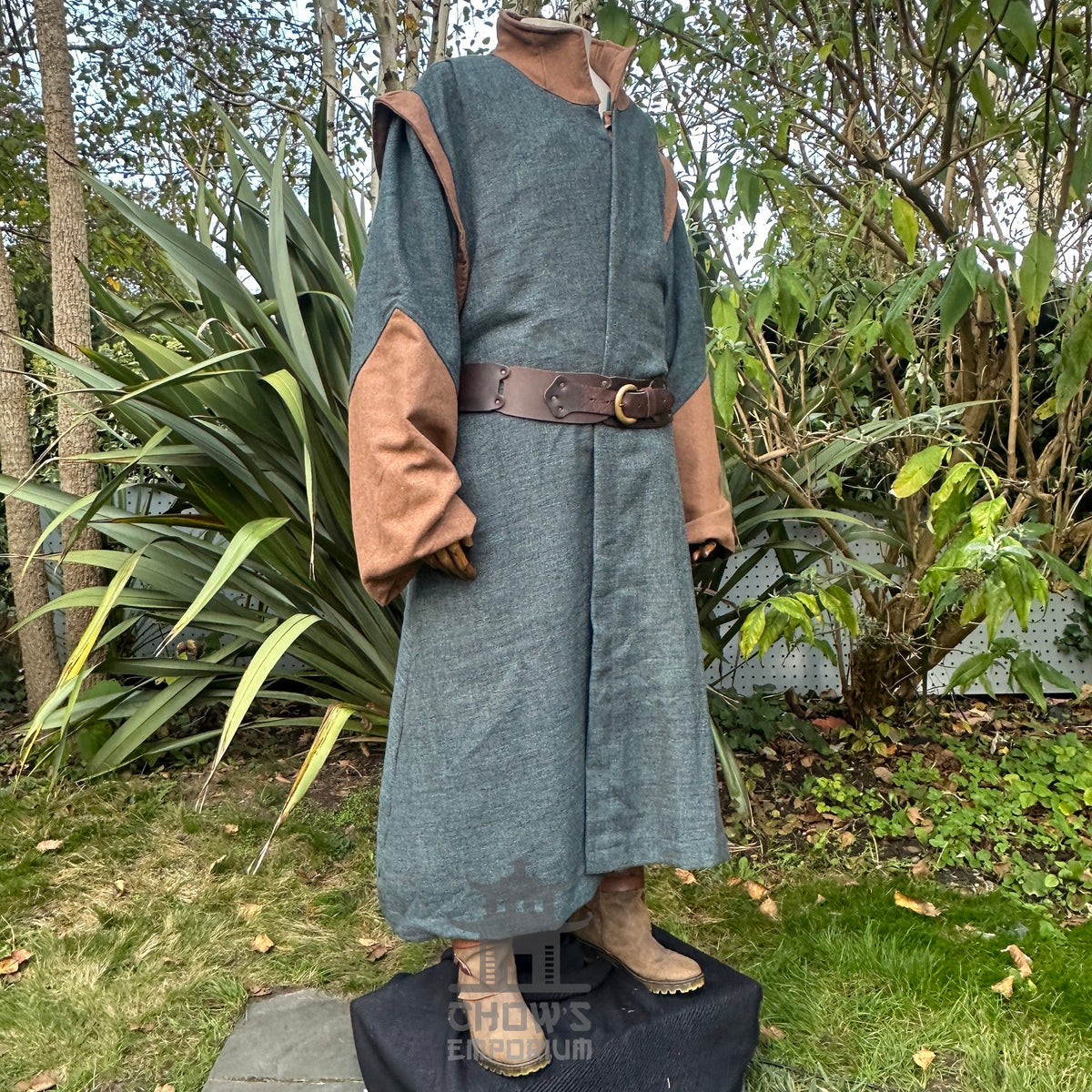 Angled front view. Full-length teal high-collar medieval LARP robe, authentic fantasy cosplay.