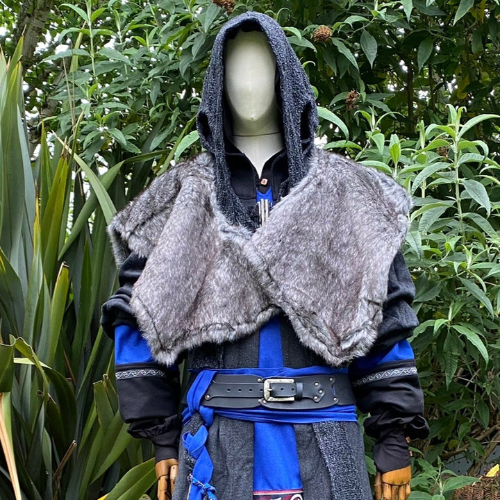 Viking Warrior LARP Outfit - 2 Pieces; Grey Faux Fur Mantle, Wrap Around Hood - Chows Emporium Ltd
