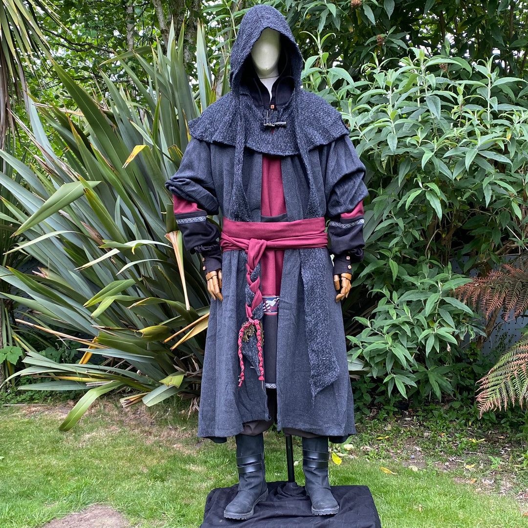 Dark Mage LARP Outfit - 5 Pieces; Four Way Cloak, Red & Black Tunic, Hood, Hero Pants - Chows Emporium Ltd