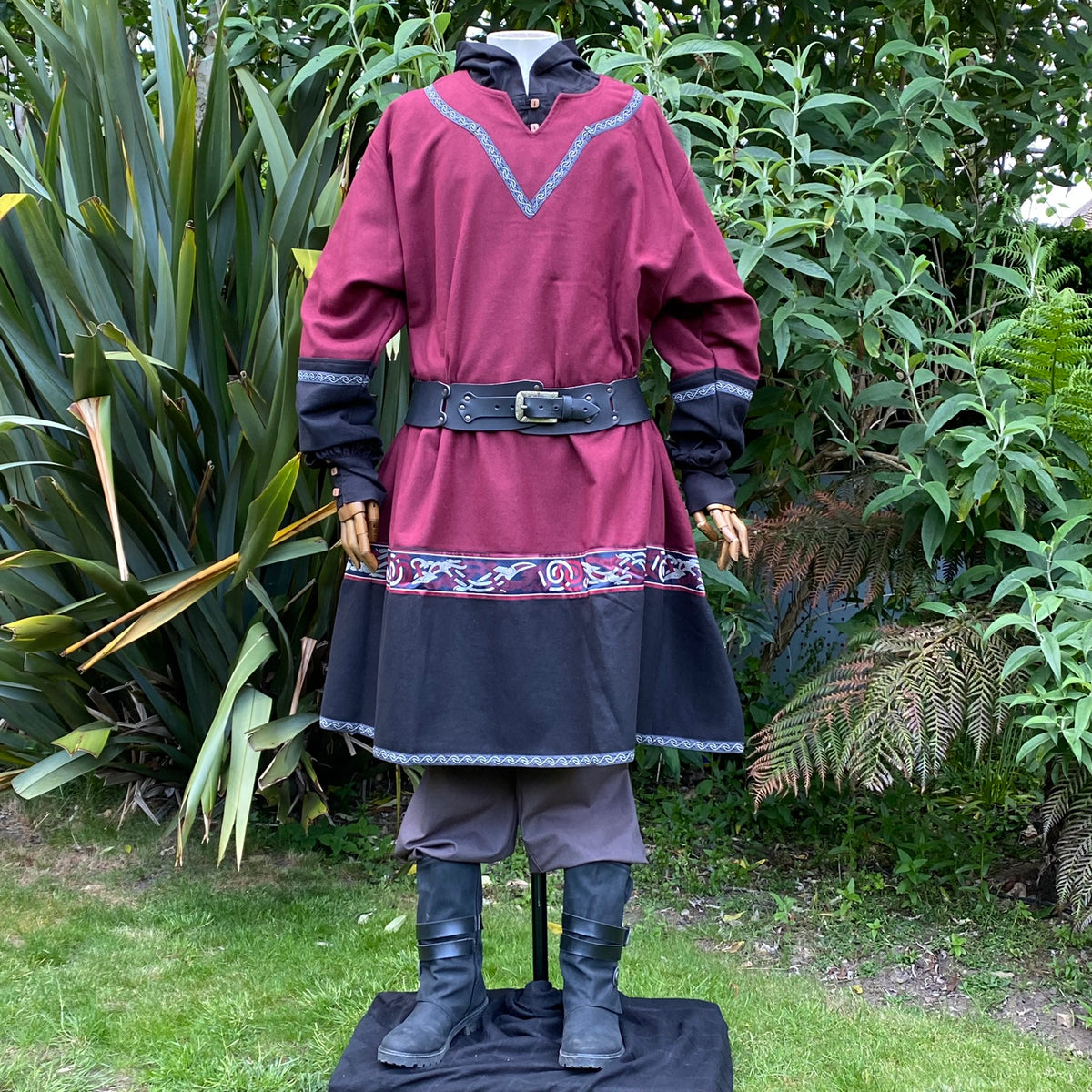 Medieval LARP outfit with embroidered red tunic.