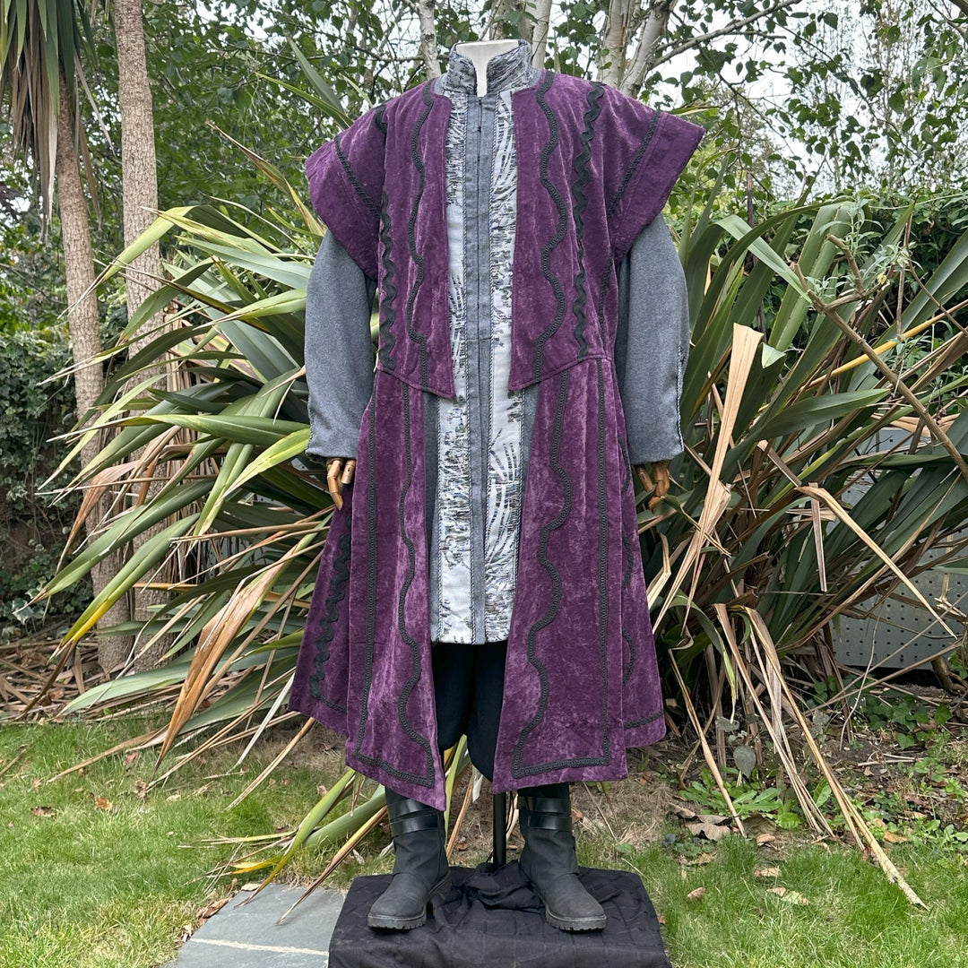 Shadow Master LARP Outfit - 7 Pieces; Purple Panel Waistcoat, Jacket, Ornate Hood, Vambraces, Scarf Hood, Belt, Sash - Chows Emporium Ltd