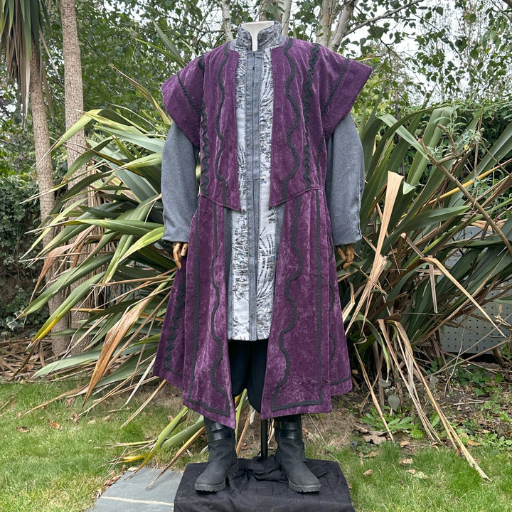 LARP Panelled Waistcoat - Purple - Suede Effect Fabric with Ornate Braiding - Chows Emporium Ltd