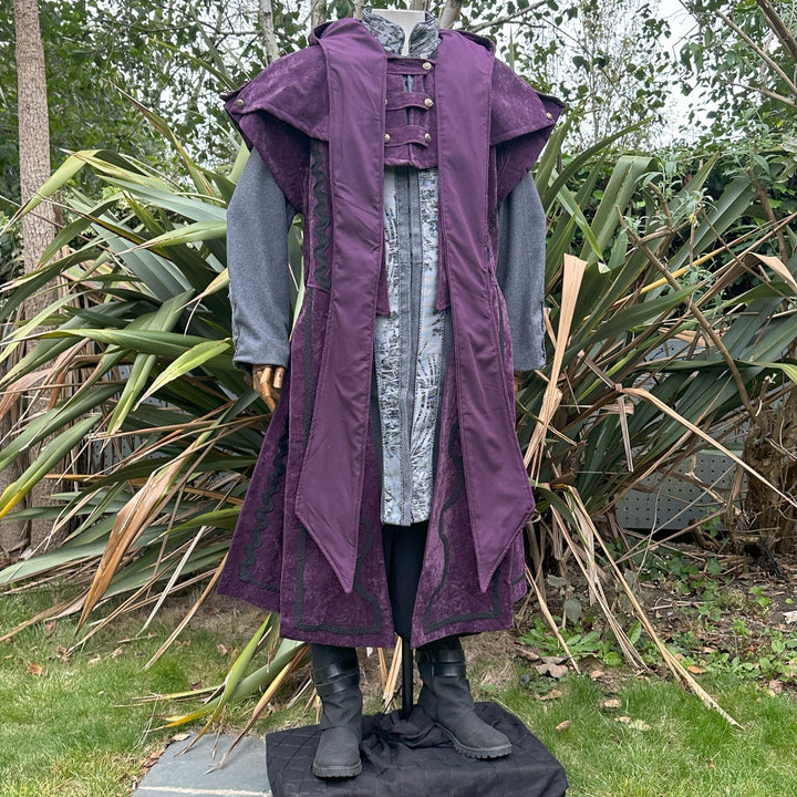 Shadow Wizard LARP Outfit - 5 Pieces; Purple Panel Waistcoat and Hood, Jacket, Belt, Sash - Chows Emporium Ltd