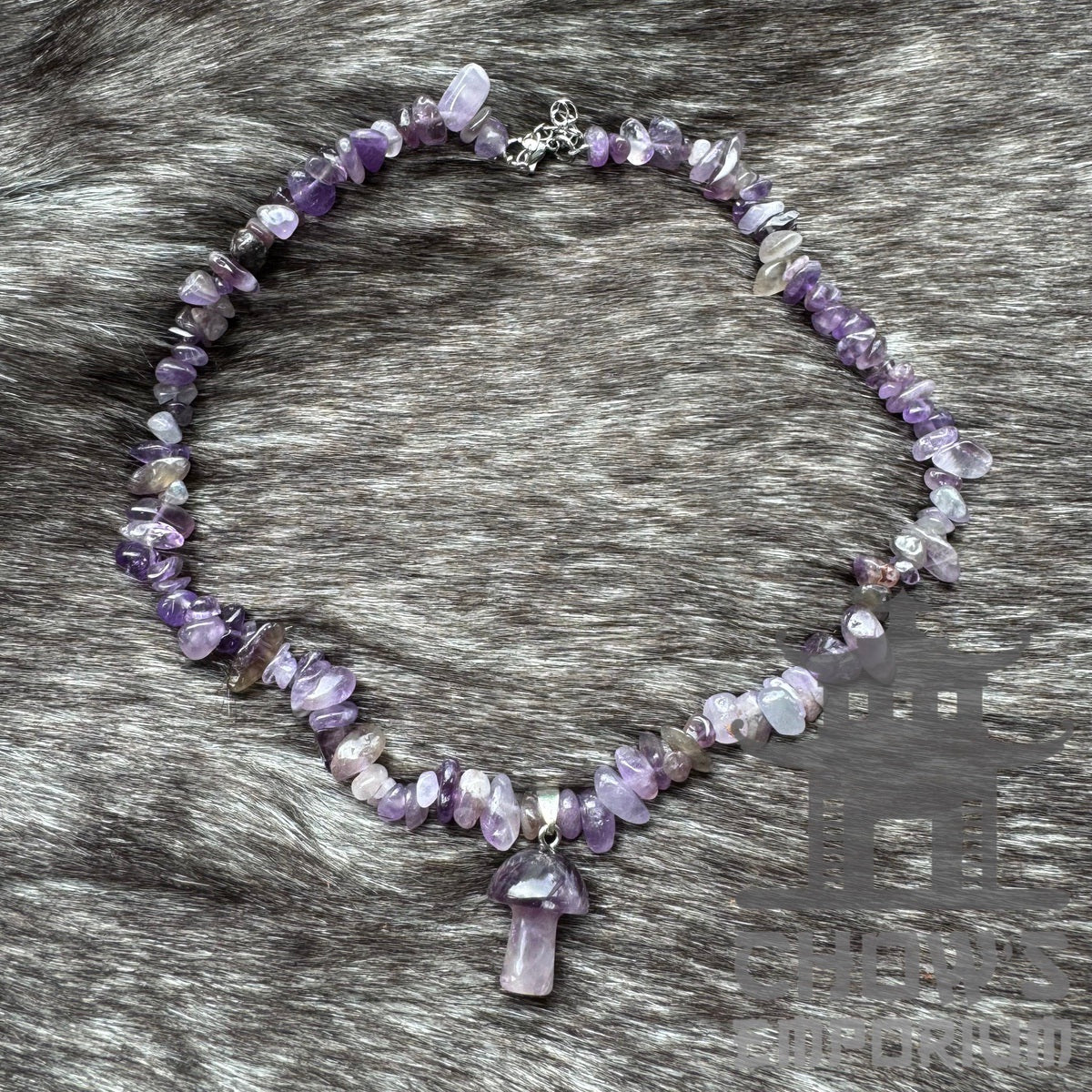 Purple amethyst polished stone LARP necklace with mushroom pendant.