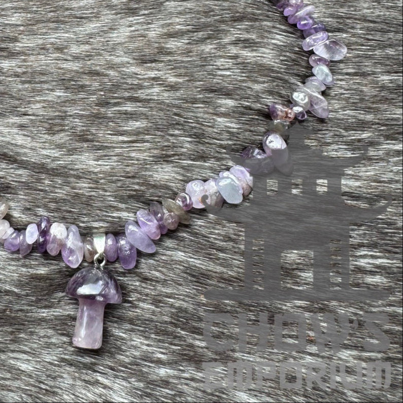 Purple amethyst stone necklace with mushroom pendant for LARP outfits.
