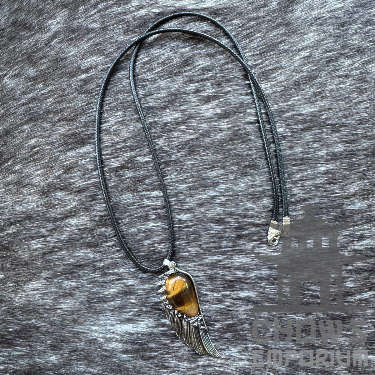 Amber and feather necklace on black cord, perfect for medieval LARP attire.