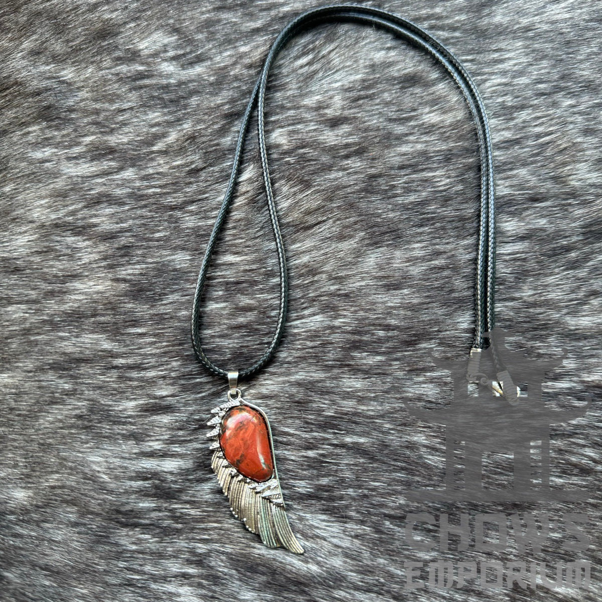 Bronze feather necklace with red stone, medieval LARP accessory.