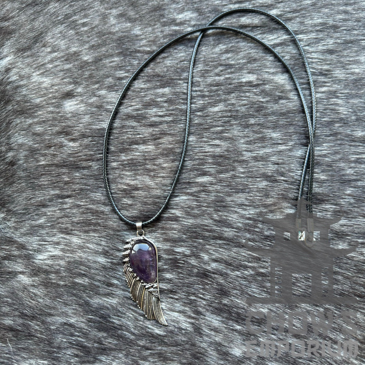 Silver feather necklace with amethyst for LARP or medieval attire.