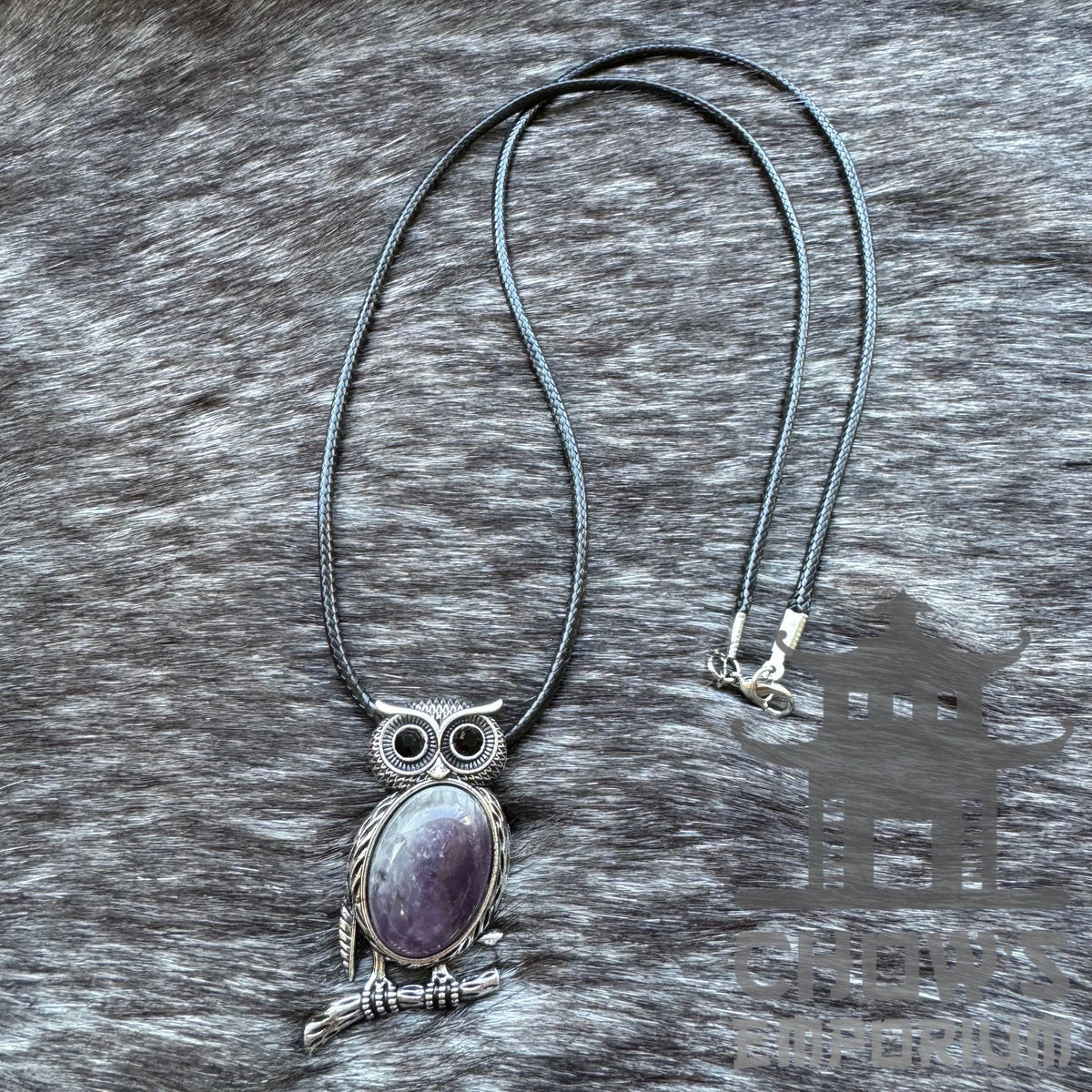 Amethyst owl pendant necklace on leather cord, medieval LARP accessory.