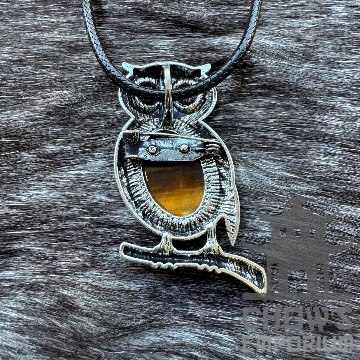 Silver owl necklace with amber, perfect for medieval LARP costumes.