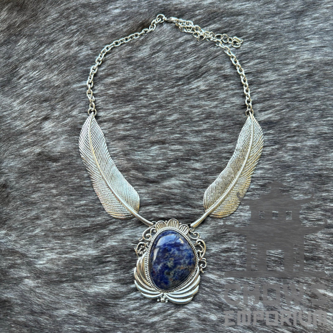 Silver Lapis Lazuli and Feather Necklace