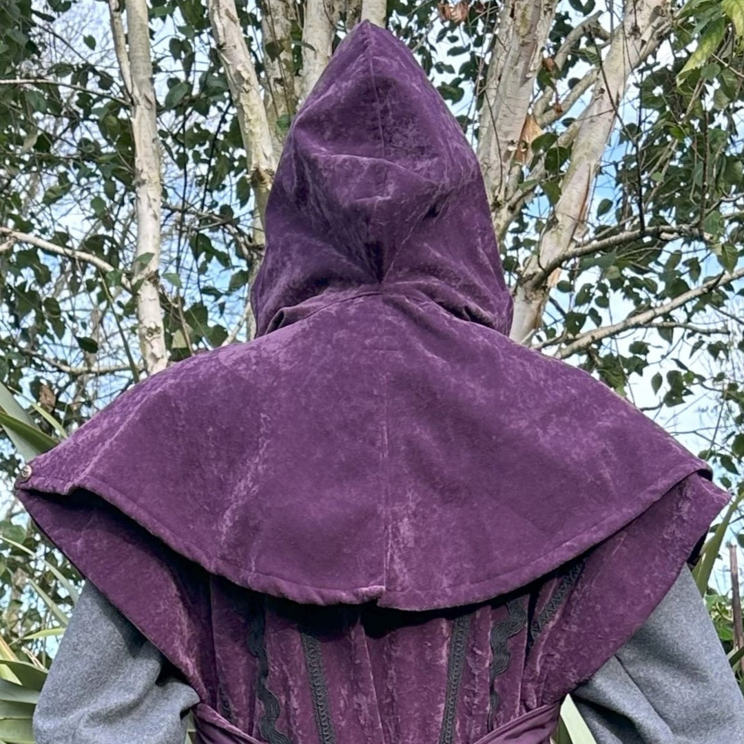 This LARP Hood is Purple with a Wrap Around extention. This Viking Scarf Hood is made of Faux Suede Effect, and is Water Resistant and Warm: perfect for your LARP Character and LARP Costume, Cosplay Event, and Ren Faire.