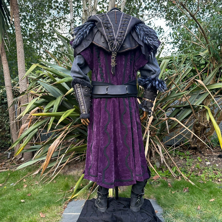 Shadow Master LARP Outfit - 6 Pieces; Purple Panel Waistcoat, Jacket, Ornate Hood & Vambraces, Belt - Chows Emporium Ltd