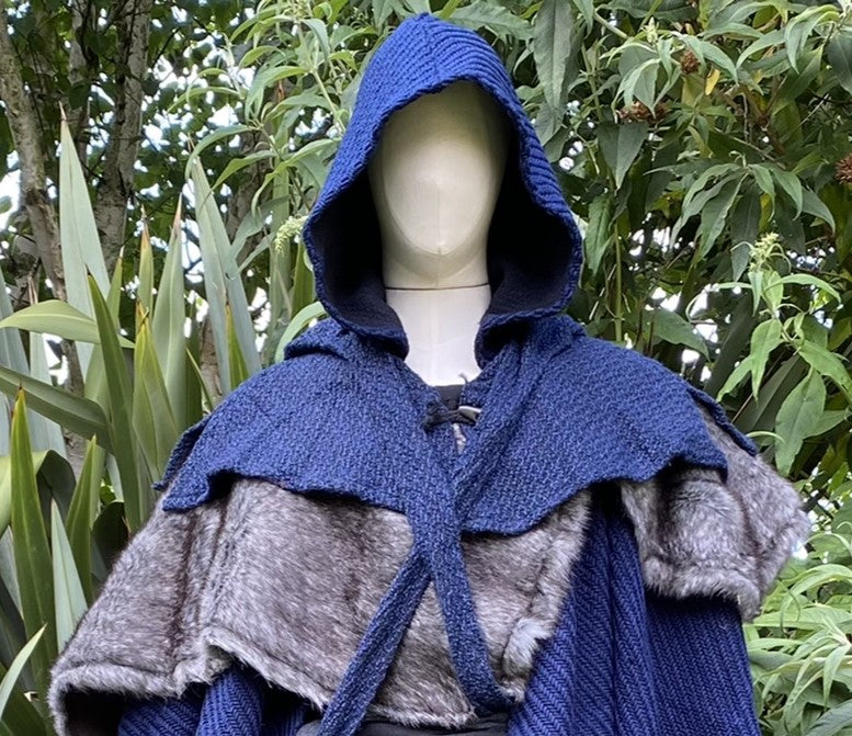 Blue hood and grey mantle for LARP costume, knitted texture.