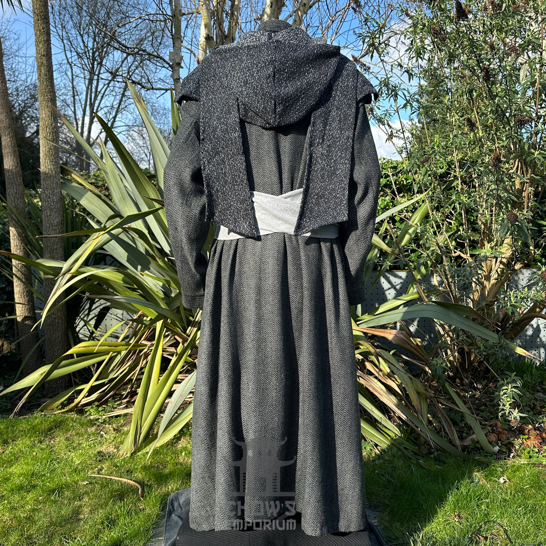 Grey herringbone robe, sash, and hood for medieval LARP, rear view.