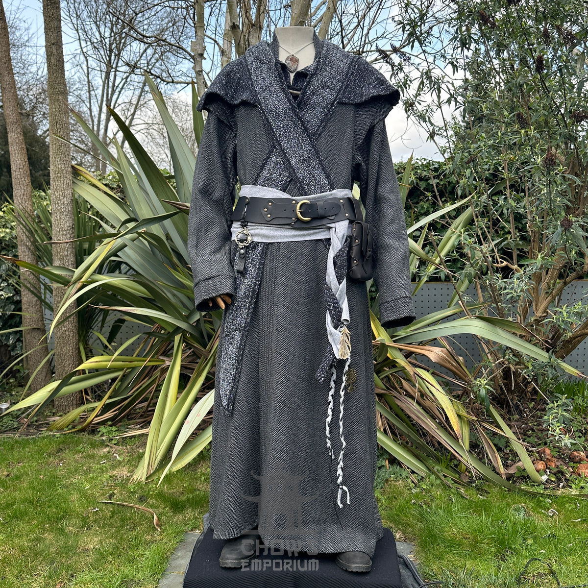 Grey herringbone LARP robe, hood, sash, front view.