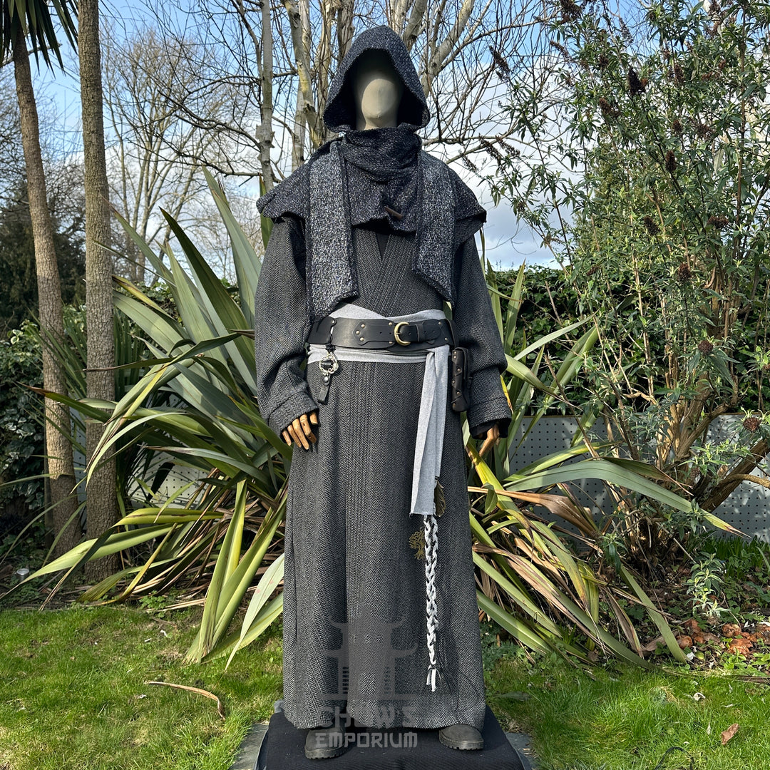 Grey herringbone LARP mage robe with hood and sash.