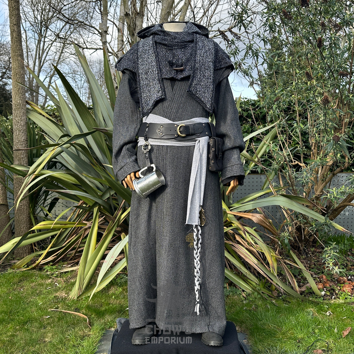 Medieval LARP mage outfit: grey herringbone robe, hood, sash displayed.