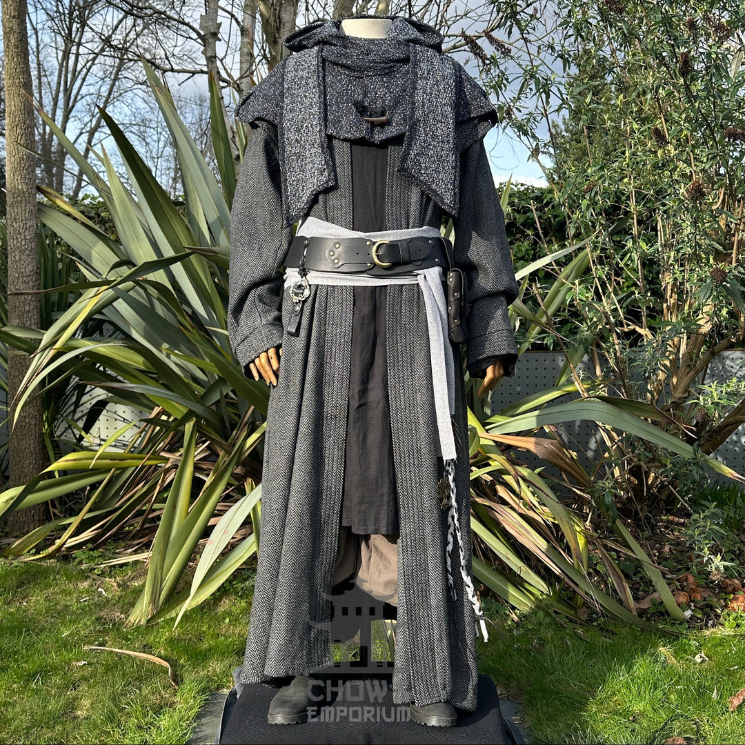 Grey herringbone medieval LARP robe, hood, and sash on a mannequin.