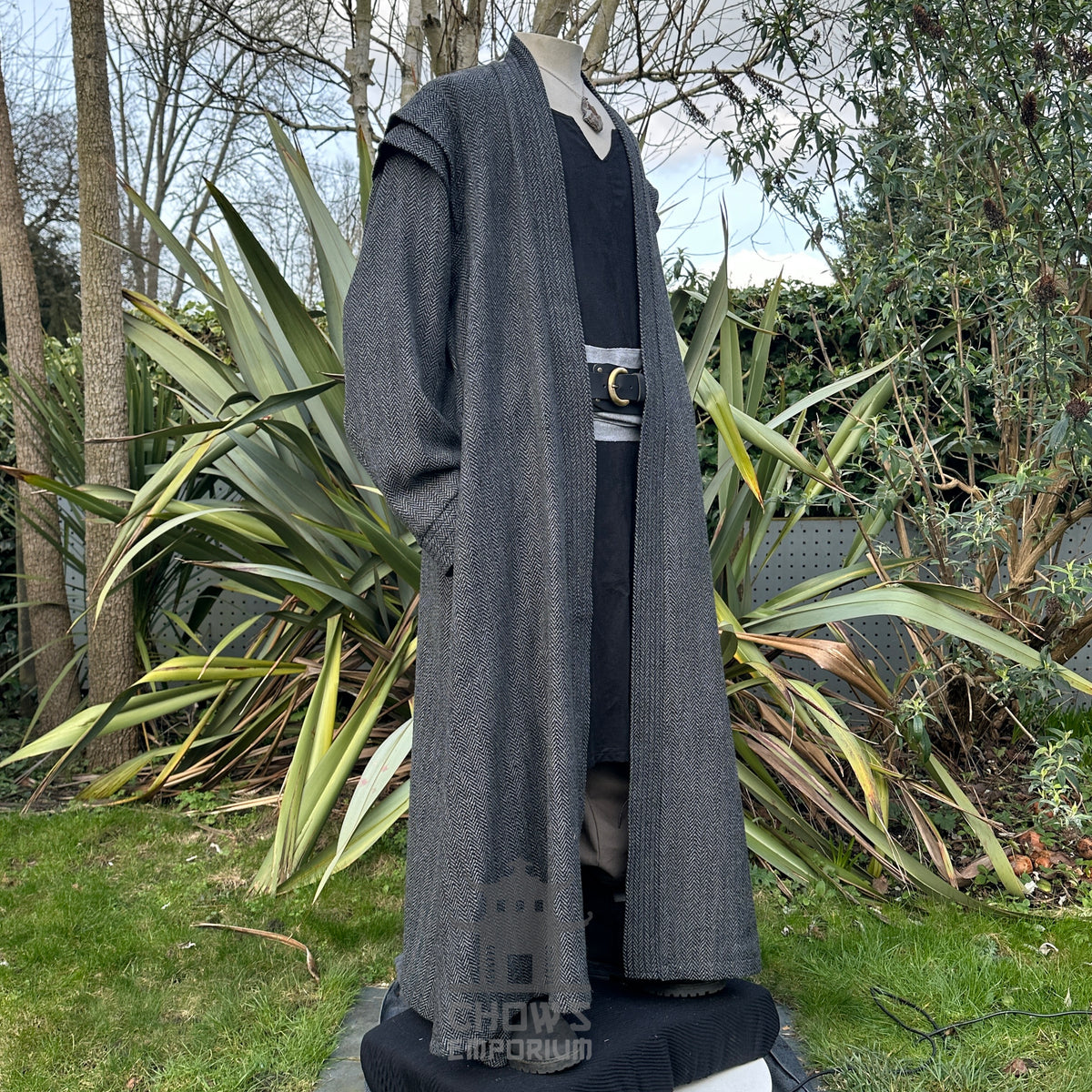 Noble robe in grey herringbone for LARP, front view.