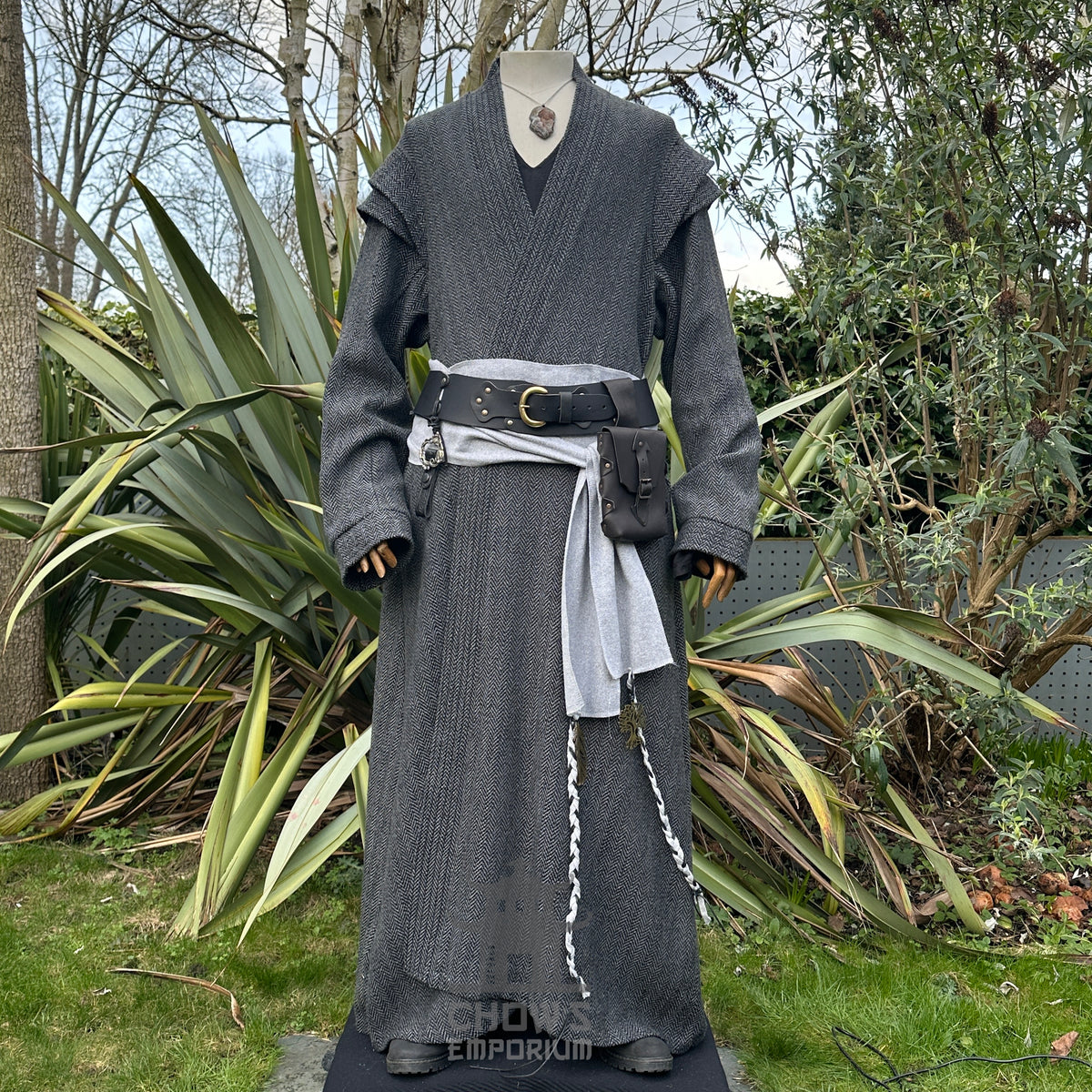 Noble grey herringbone robe, front view, medieval LARP costume.