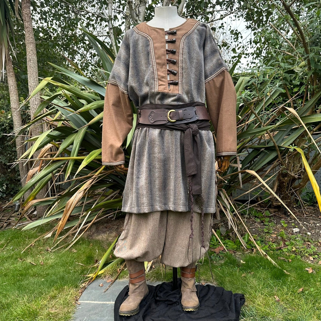 LARP Basic Outfit - 3 Pieces: Grey & Brown Mohair Two Tone Tunic, Pants and Sash - Chows Emporium Ltd