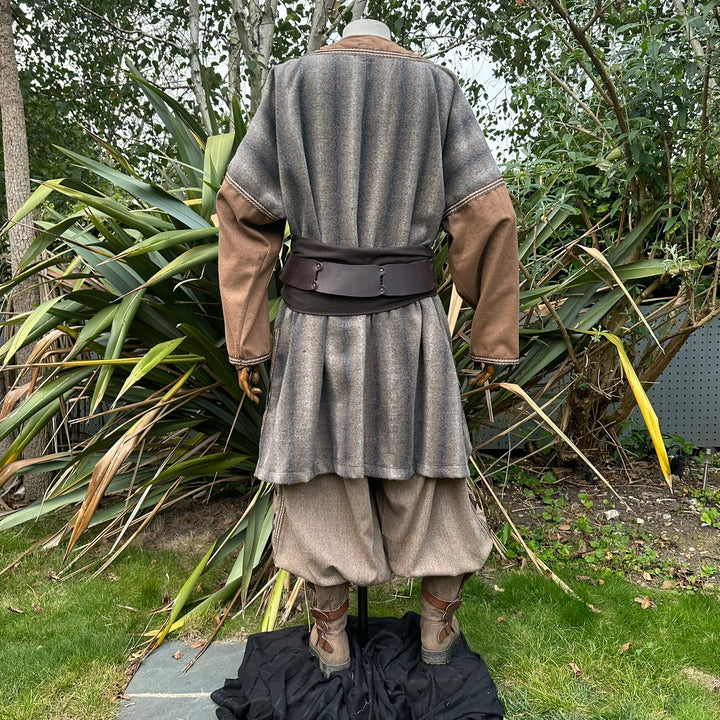 Woodland Archer LARP Outfit - 4 pieces; Brown & Grey Mohair Two Tone Tunic, Hood, Pants and Sash - Chows Emporium Ltd