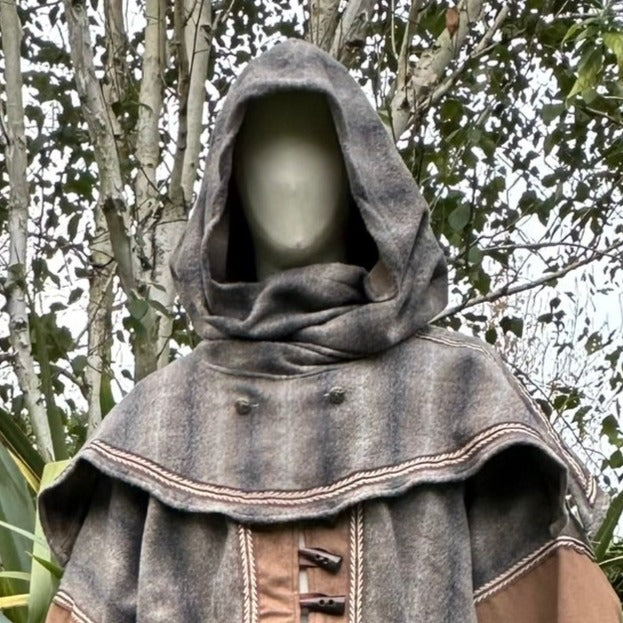 LARP medieval snood hood on mannequin, showing detailed stitching.