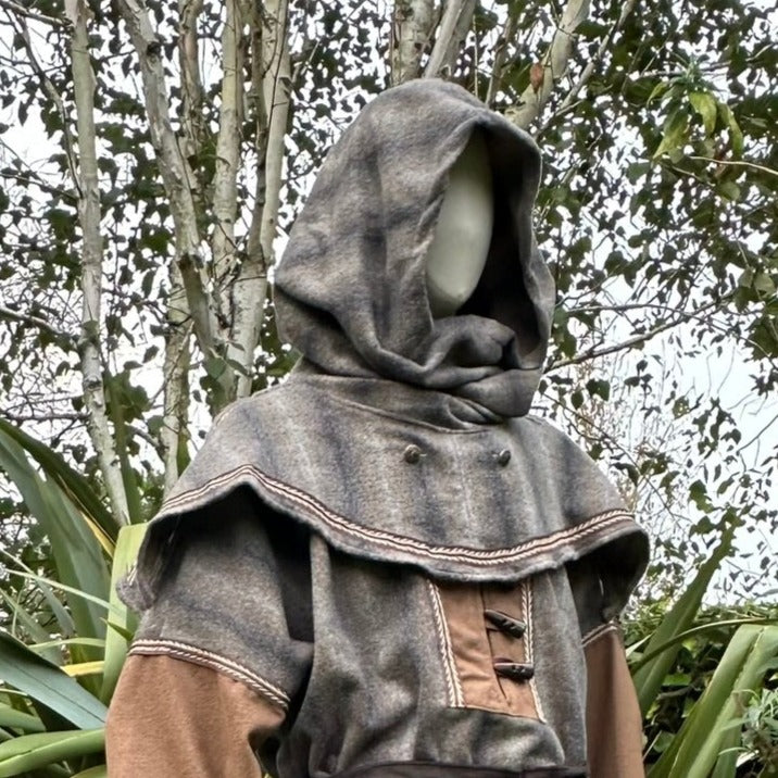 Woodland Archer LARP Outfit - 4 pieces; Brown & Grey Mohair Two Tone Tunic, Hood, Pants and Sash - Chows Emporium Ltd