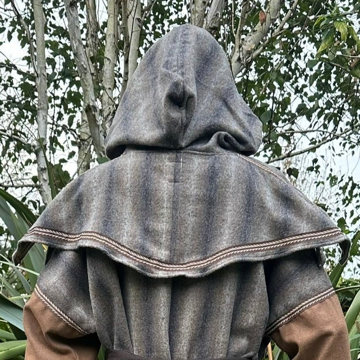 Rear view of brown and grey medieval hood with embroidered edges for LARP.