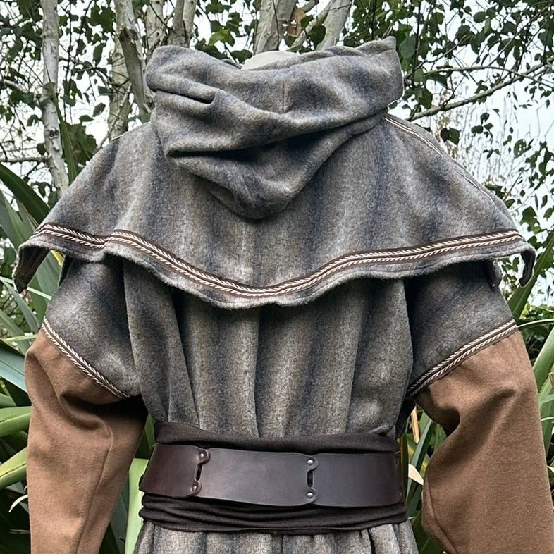 Rear view of wool LARP hood with brown belt and detailed stitching.