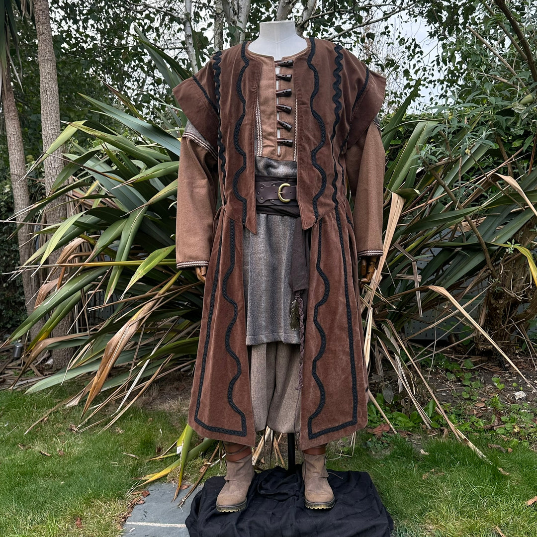 Dwarf Noble LARP Outfit - 6 Pieces; Brown Panel Waistcoat, Mohair Tunic, Hood, Pants, Belt, Sash - Chows Emporium Ltd