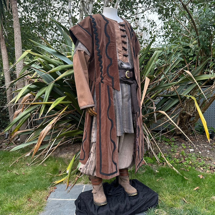 Dwarf Warrior LARP Outfit - 5 Pieces; Brown Panel Waistcoat, Mohair Two Tone Tunic, Layered Hood, Belt, Sash - Chows Emporium Ltd