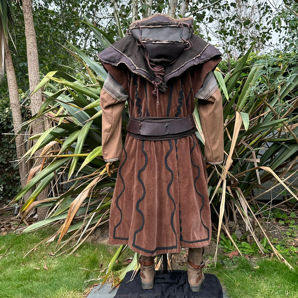 Dwarf Warrior LARP Outfit - 3 Pieces; Brown Panel Waistcoat, Layered Hood, Sash - Chows Emporium Ltd