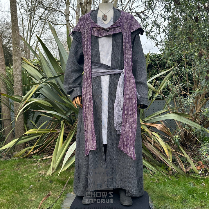 Purple wool LARP scarf hood on mannequin, front view, medieval style.