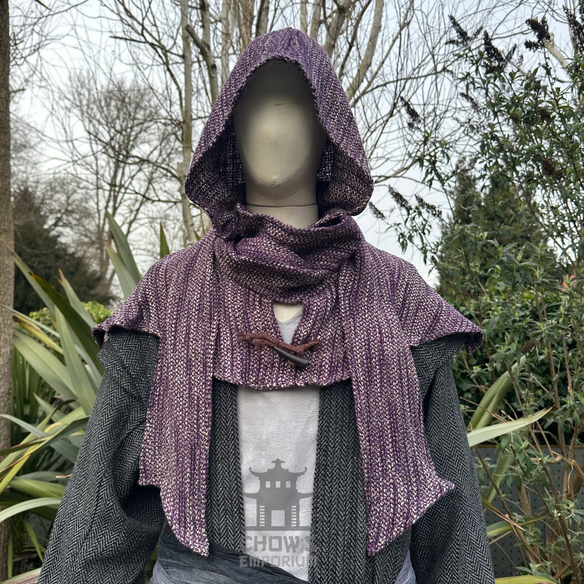 Purple wool scarf hood for LARP, draped front view, medieval style.