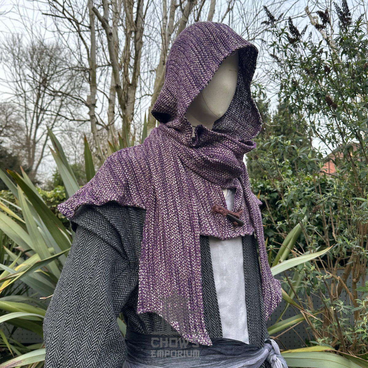 Purple wool scarf hood in medieval style, side view.