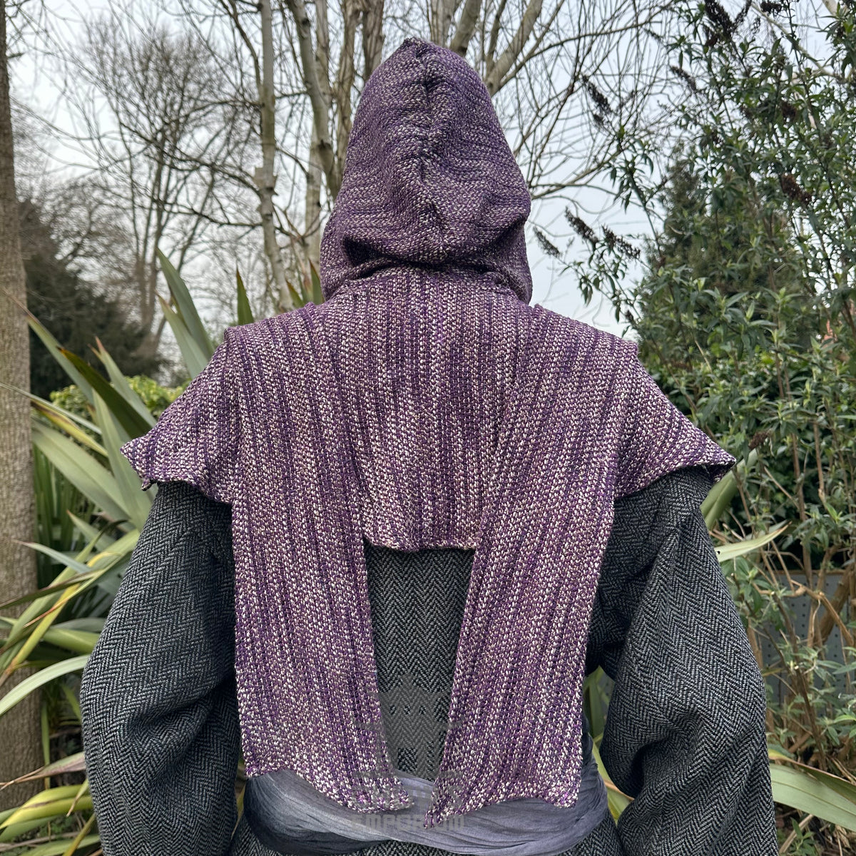 Purple wool scarf hood from back, medieval LARP design.