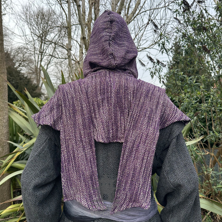 Purple wool scarf hood from back, medieval LARP design.